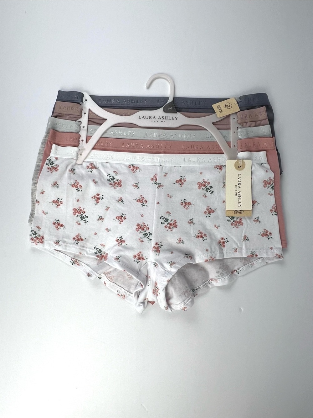 SIZE M LAURA ASHLEY 5 PACK LOGO WAISTBAND ORGANIC COTTON BOYSHORT PANTIES LS6571